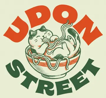 Udon Street logo: a calico cat eating udon in a bowl